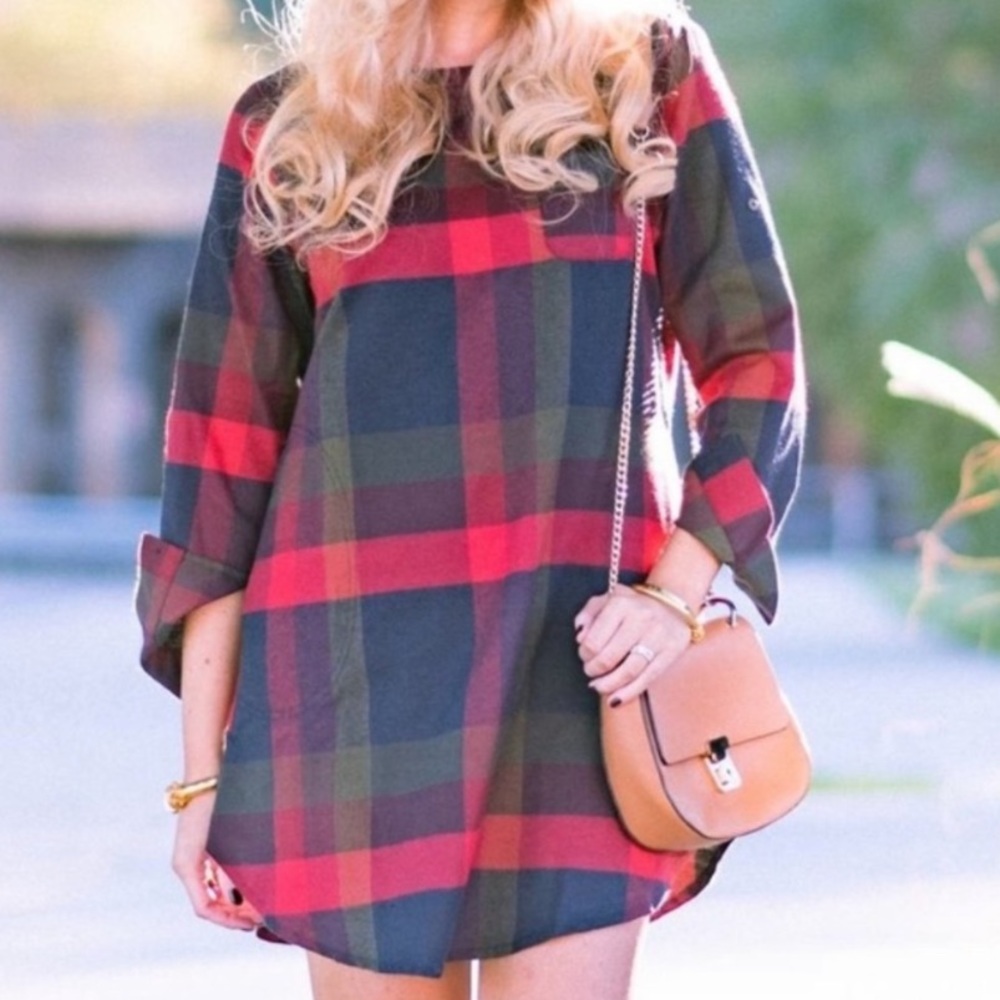 Cupshe Red and Green Plaid Long Sleeve Dress